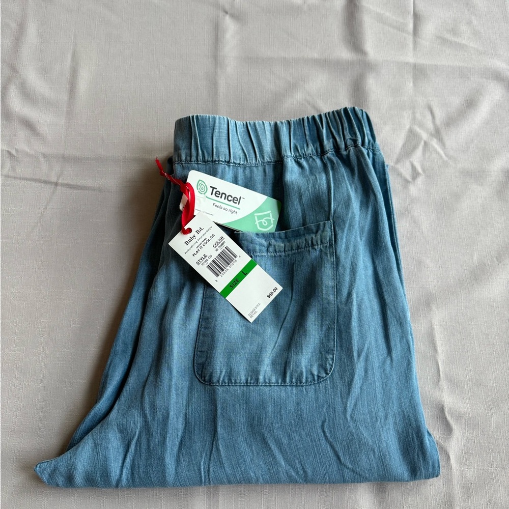 Rudy Rd Pants Womens Sz Large 100% Tencel Blue Chambray Elastic Waist Pockets